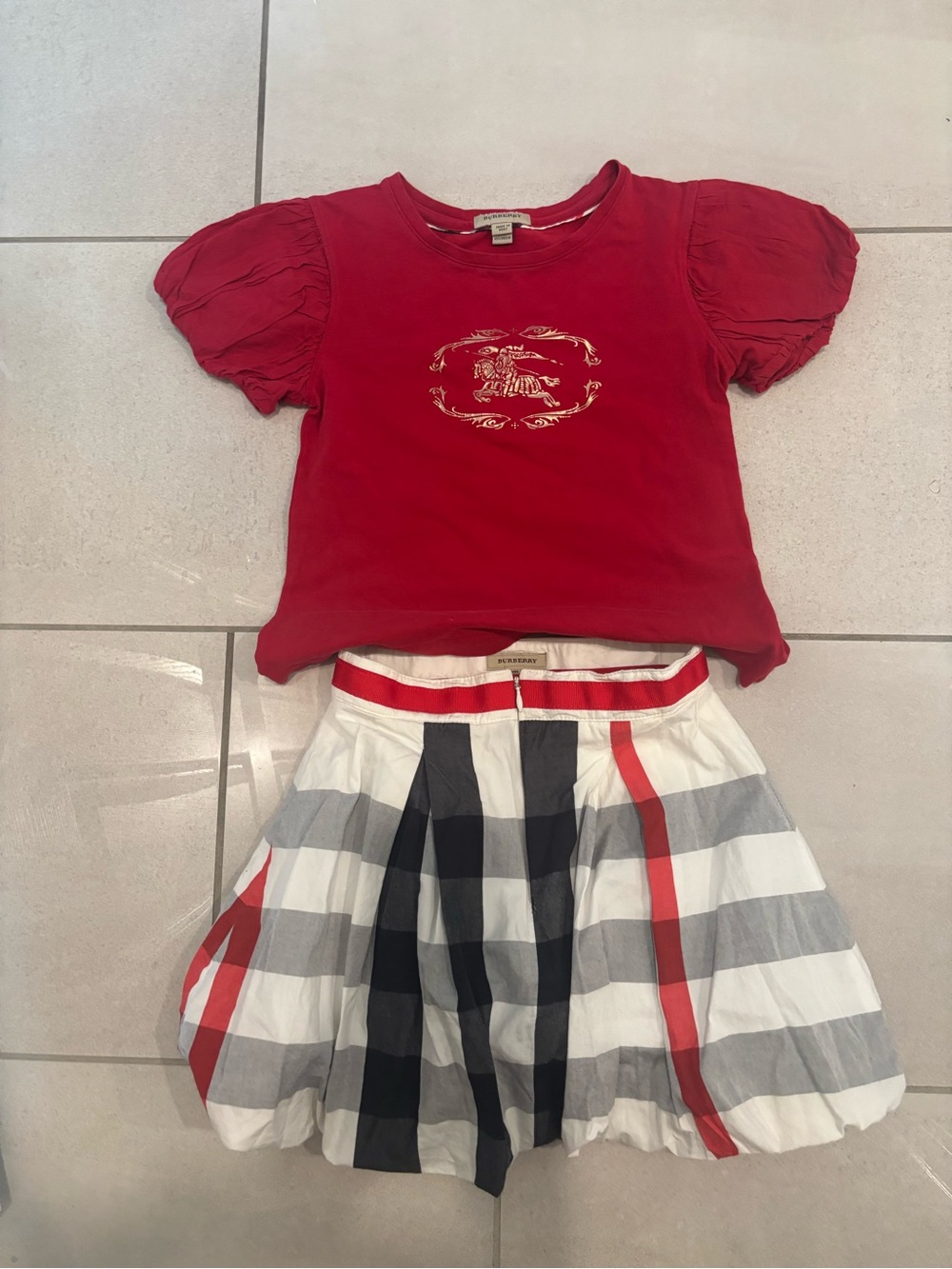 Burberry Red Top with Iconic Check Skirt Set
